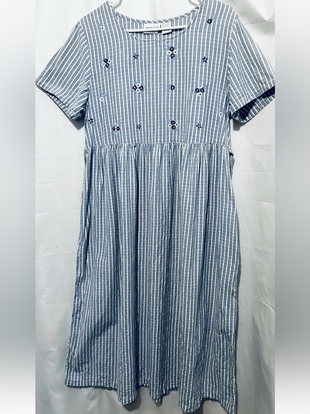 Amanda Stewart Dress L Vintage Blue Striped Cotton Tie Back Cottagecore Prairie